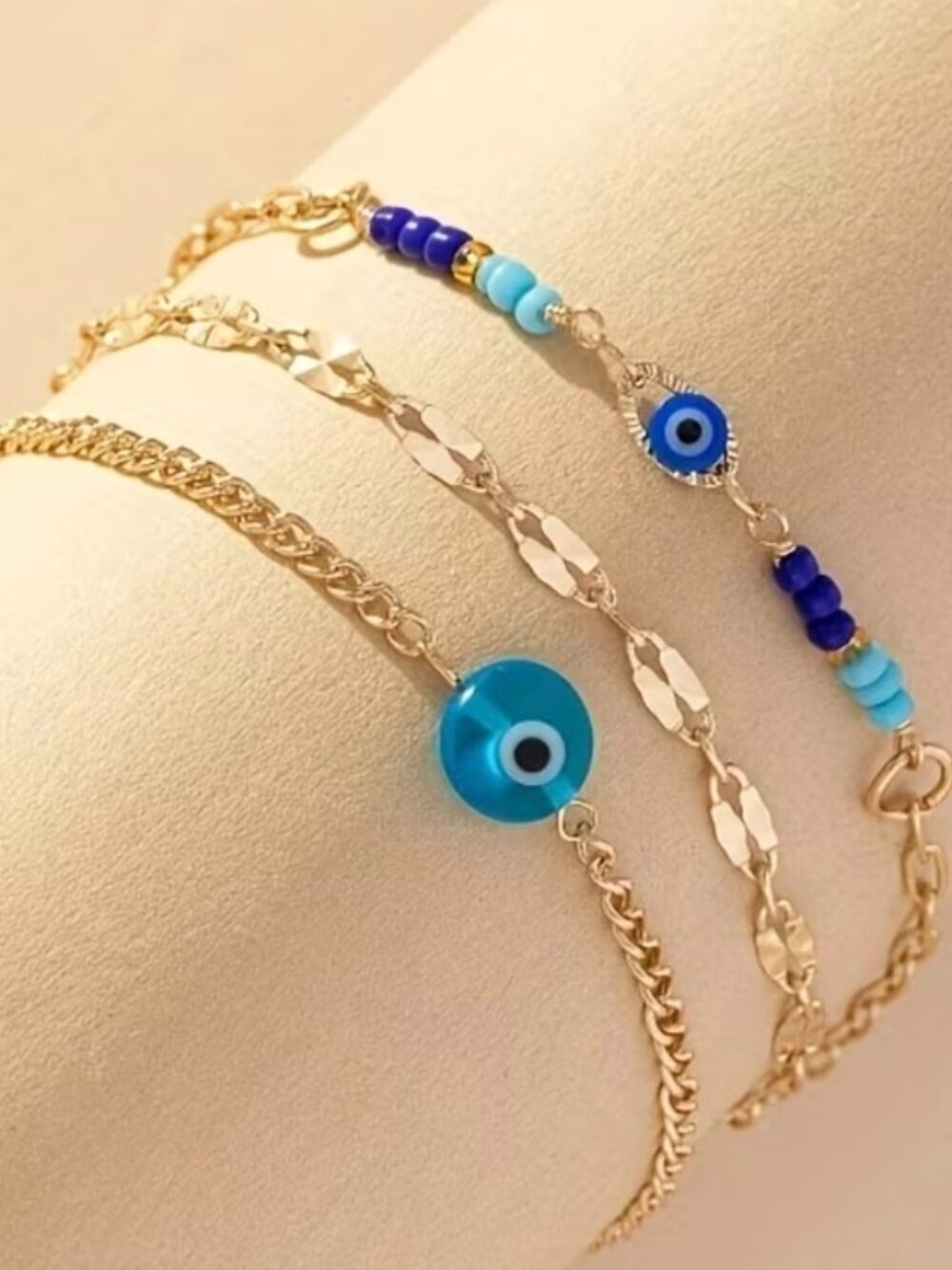 3-Piece Gold Tone Evil Eye Anklet Set Blue Beaded Layering Anklets